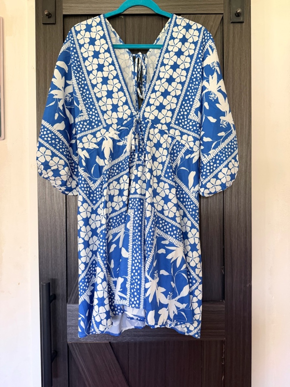 Blue and White Floral V-Neck Tunic Dress